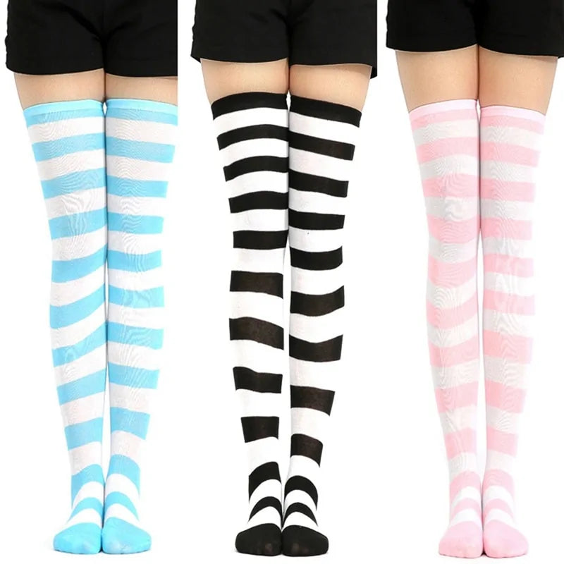 Calcetines altos hasta el muslo con rayas estilo lolita kawaii