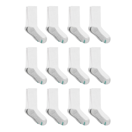 Hanes Boys' Socks, Double Tough Cushioned Crew Socks, 12-pair Packs Medium White/Grey Bottom