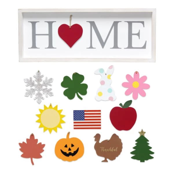 Elegant Designs Rustic Farmhouse Wooden Seasonal Interchangeable Symbol "Home" Frame with 12 Ornaments