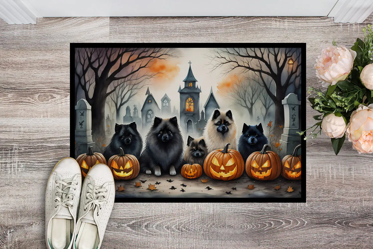 Felpudo espeluznante de Halloween con el nombre de Keeshond