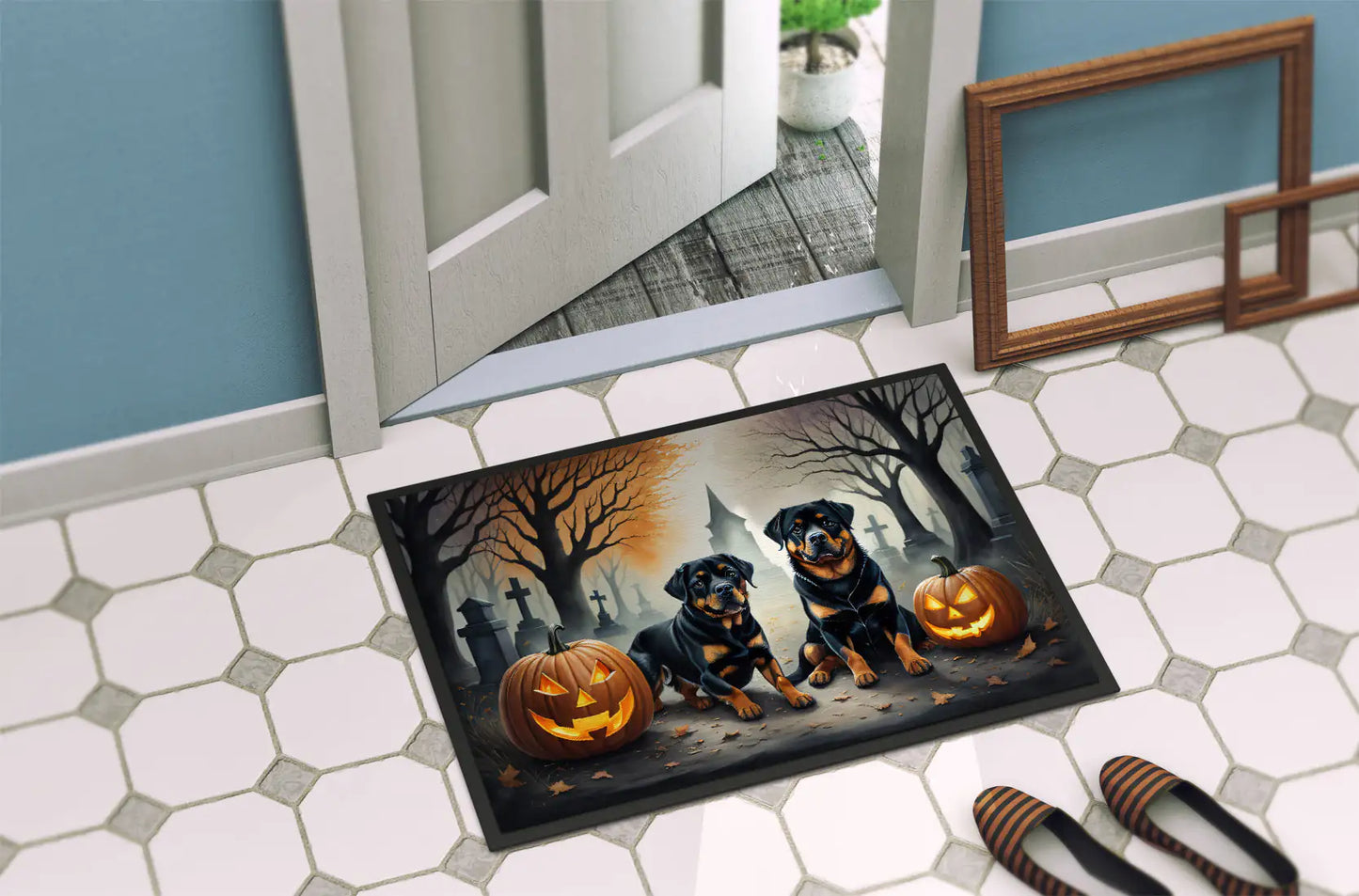 Felpudo espeluznante de rottweiler para Halloween